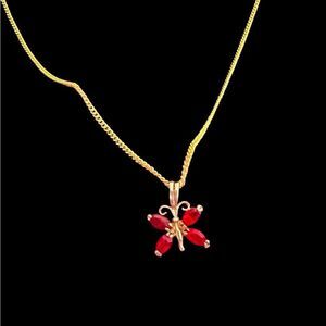 Ruby red butterfly pendant gold plated with matching necklace